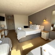 Family room from the door — double and single beds, TV and dressing table