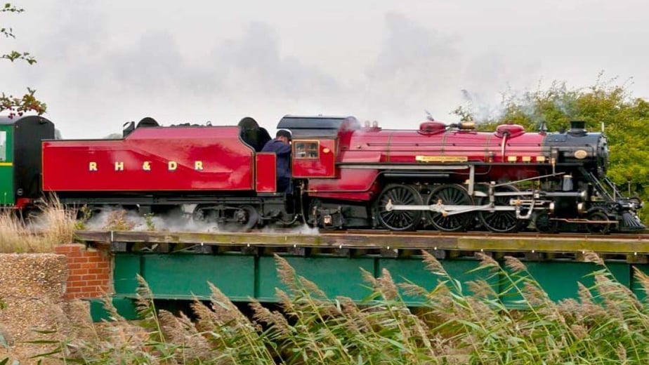 A miniature steam locomotive on the Romney, Hythe & Dymchurch Railway